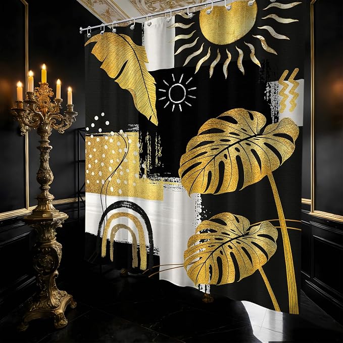 Black and Gold Mid Century Modern Shower Curtain Bohemian Abstract Dark Mens Shower Curtains for Bathroom Decor Sets, Waterproof Cloth Fabric with Hooks, 70x72 Inch