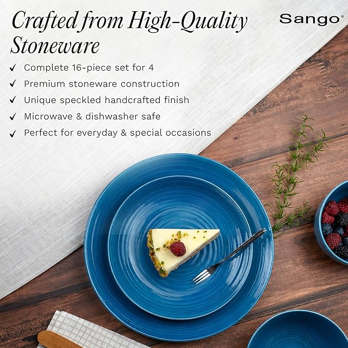 Sango Siterra Artist's Blend 16-Piece Stoneware Dinnerware Set – Service for 4, Ocean Blue Glossy Glaze with Unique Speckled Design, for Everyday Dining & Entertainment, Microwave & Dishwasher Safe