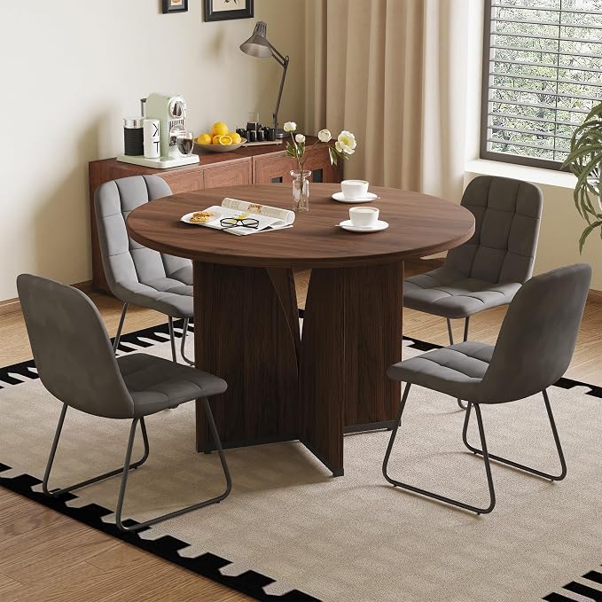 HIPIHOM Modern Round Dining Table Set for 4, 39.4" Walnut Kitchen Table with 4 PU Leather Chairs, 5-Piece Mid-Century Dining Room Set for Small Spaces, Pedestal Base