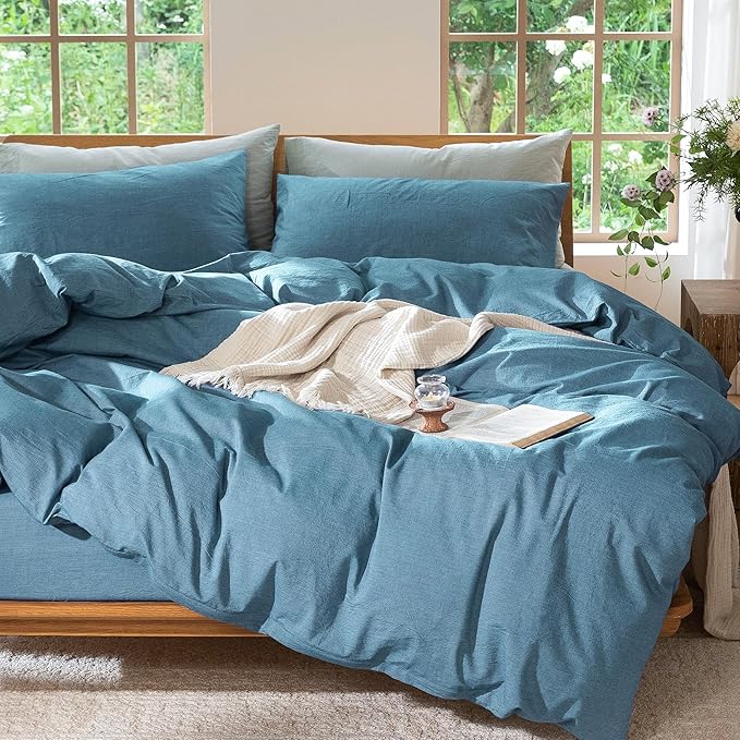 MooMee Bedding Duvet Cover Set 100% Washed Cotton Linen Like Textured Breathable Durable Soft Comfy (Heathered Peacock Blue, Cal King 104"x98")