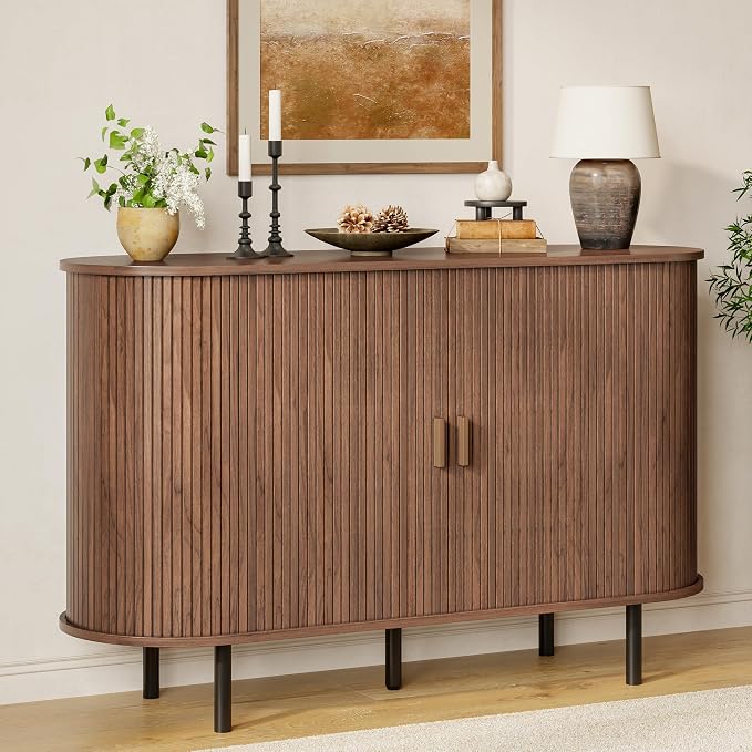 Buffet Sideboard Cabinet with Storage, 48" Fluted Cabinet with Sliding Door & Adjustable Shelf, Modern Accent Coffee Bar Console Table for Kitchen, Entryway, Walnut