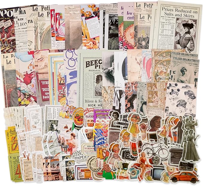 Knaid Vintage Scrapbook Supplies Pack (200 Pieces) for Junk Journal Bullet Journals Planners Aesthetic Paper Stickers Craft Kits Cottagecore Collage Album (Retro)
