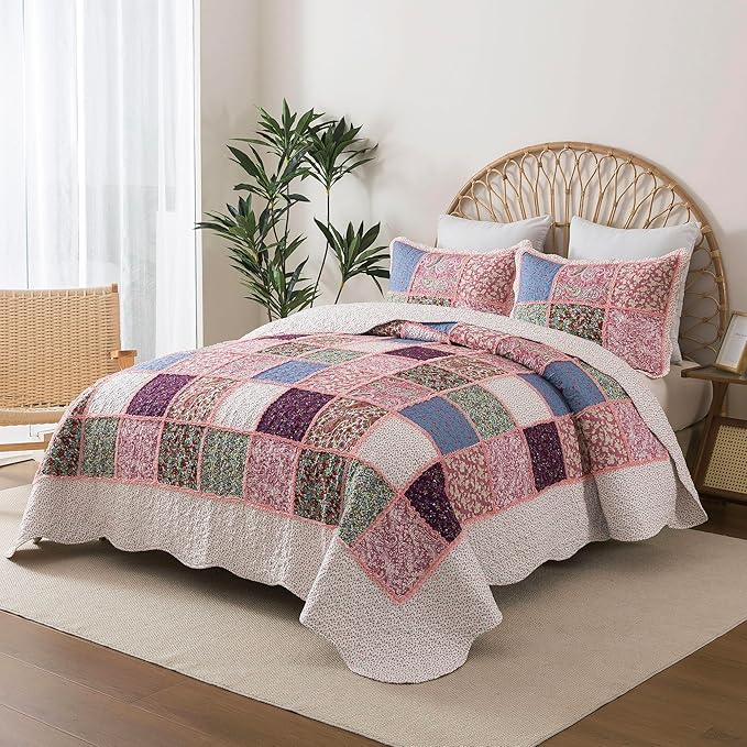 HoneiLife Queen Quilt Bedding Sets - Patchwork Quilt Bedding Sets 3-Piece 90x96, Reversible Bedspreads Floral Coverlet Nostalgic Bedding Set All Season Quilts