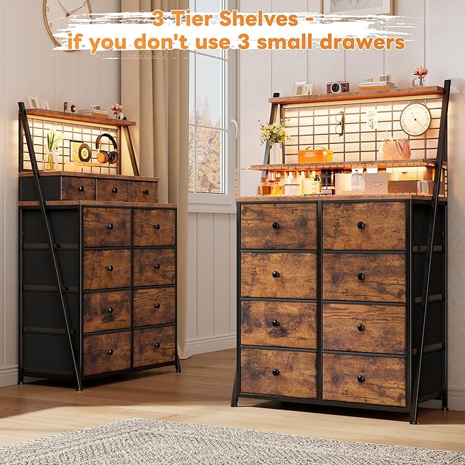 EnHomee 51" H Dresser for Bedroom with LED, 11 Drawer Dresser with Wire Grid Panels & Open Shelves for Entryway, Dorm, Rustic Brown, 11.8" D x 33.9" W x 51.2" H