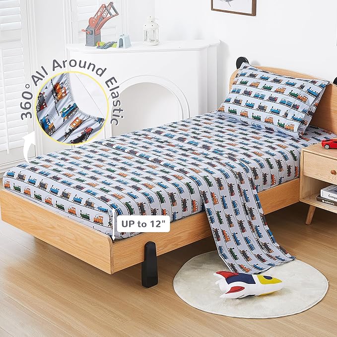 Viviland 3 Pieces Boys Grey Twin Sheet Set - Soft Microfiber Fitted Flat Sheets & Pillowcase - Retro Train Print Bedding Sets - for Kids & Toddlers