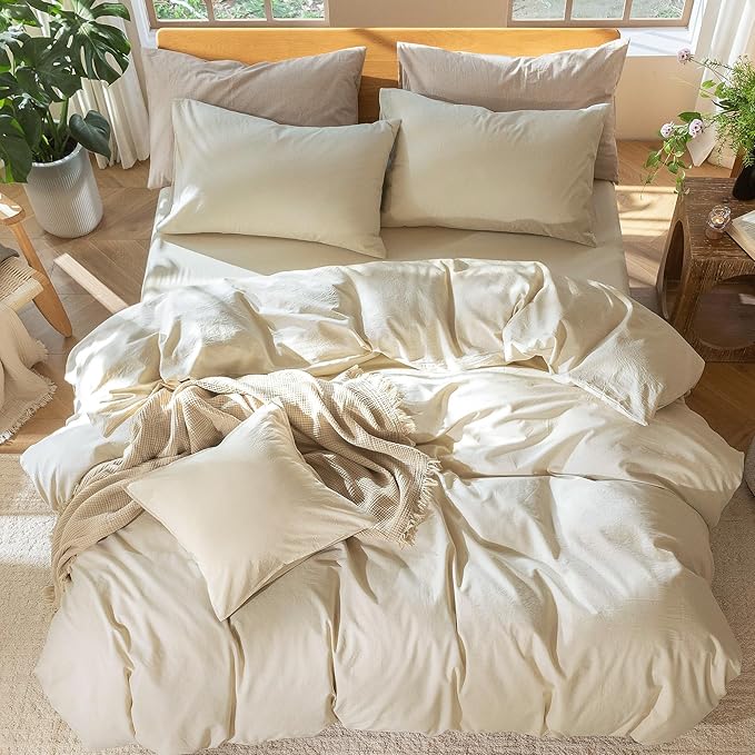 MooMee Bedding Duvet Cover Set 100% Washed Cotton Linen Like Textured Breathable Durable Soft Comfy (Heathered Almond Milk Grey, Super King 108"x98")