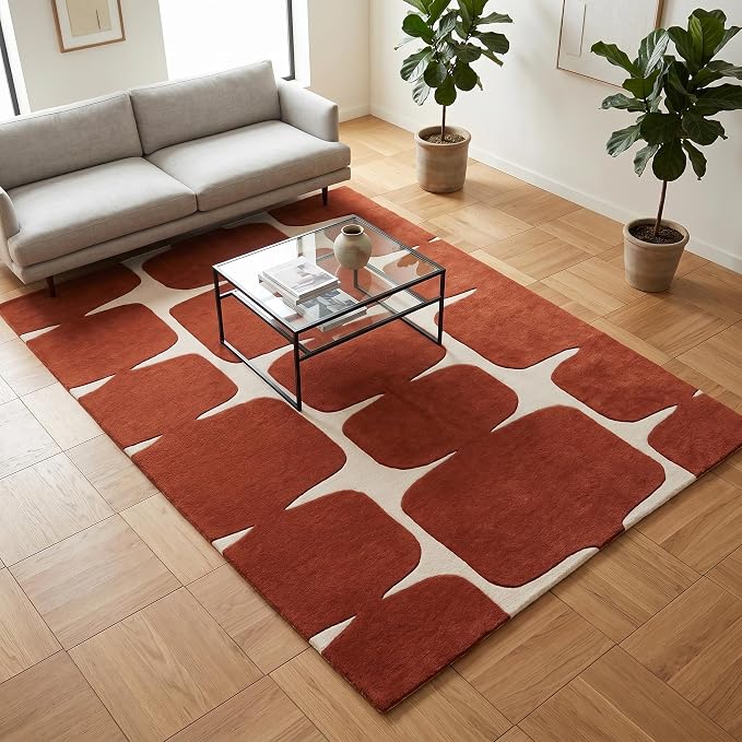 Restoration and Renovation Modern Wool Area Rug - Contemporary Abstract Geometric Design, Thick & Soft Hand-Tufted Carpet - Ideal for Indoor Decor in Living Room, Bedroom (Rust, 10' x 14')
