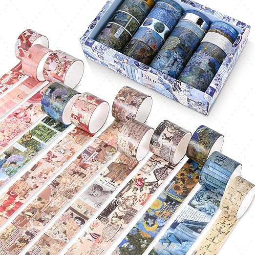 FTTELK 24 Rolls Vintage Washi Tape Set,Glitter Floral Decorative Adhesive Tape for Scrapbooking Supplies,Junk Journal,DIY Crafts,Planners and Gift Wrapping(Art Oil Painting Series)