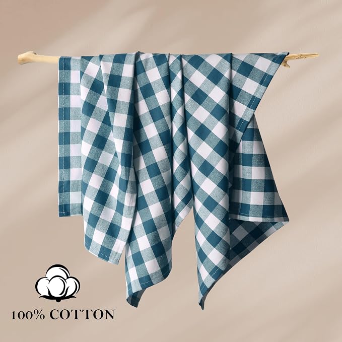 Gingham Checked Kitchen Dish Towels 12 Pack, 18"x26", 100% Cotton, Quick Dry Wash Rags, Reusable Dishcloths Set, Machine Washable, Absorbent Hand Towel - Teal Green, White