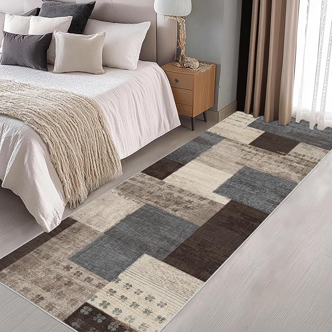 Modern Geometric Patchwork Indoor Runner Rug for Living Room, Blue-Taupe 2.7'x 10' Rug Rockwood Collection Hardwood Floors Decor for Bedroom, Blue Throw Carpet for Office Entryway Dining Room