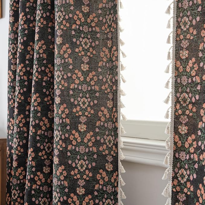 ENJOYBRIDAL Floral 96 Inch Curtains 2 Panel Set Boho Jacquard Drapes Black Living Room Semi Sheer Long Window Curtains Cottagecore Farmhouse Bedroom Chic Decor Rod Pocket Tassel Window Treatments