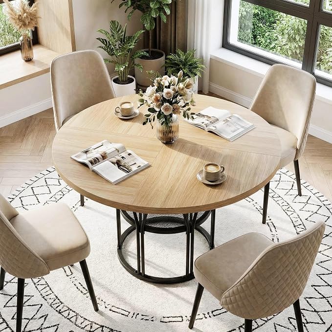 Garvee Round Dinning Table for 4-6 - 47" Circle Dinner Table with Storage Shelf & Sturdy Metal Frame, Modern Breakfast Tea Desk for Kitchen, Living Room, Apartment, Office, Natural
