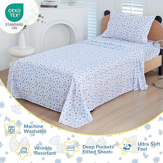 Viviland 3 Pieces Girls Blueberry Twin Sheet Set - Soft Microfiber Fitted Flat Sheets & Pillowcase - Blue Bow Blueberry Bedding Sets - for Kids & Toddlers