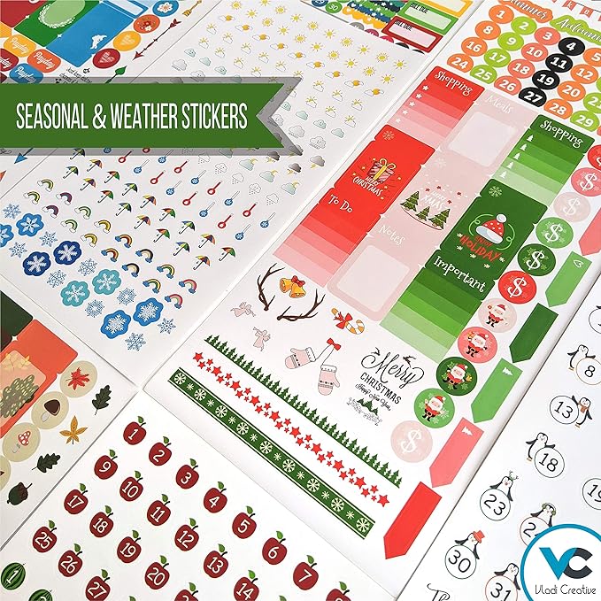 Vladi Creative Planner Stickers - 1054 Pieces, 15 Sheets, Decorative & Productivity-Boosting Colorful Stickers for Journals, Calendars, Scrapbooking, Time Management, & DIY Planner Decoration