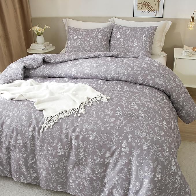 EAVD Vintage Style Garden Grey Floral Duvet Cover Queen Soft Cotton Chic Shabby Floral Bedding Set with 2 Pillowcases Fresh Reversible Botanical Duvet Cover with Zipper Closure