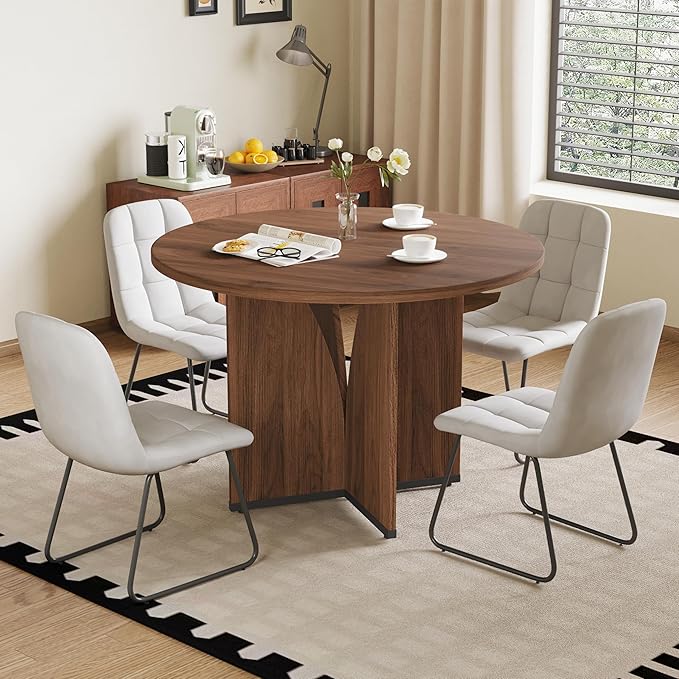HIPIHOM Modern Round Dining Table Set for 4, 39.4" Walnut Kitchen Table with 4 PU Leather Chairs, 5-Piece Mid-Century Dining Room Set for Small Spaces, Pedestal Base
