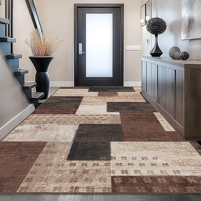 Modern Geometric Patchwork Indoor Area Rug for Living Room, Chocolate 4'x 6' Large Rug Rockwood Collection Hardwood Floors Decor for Bedroom, Brown Throw Carpet for Office Entryway Dining Room