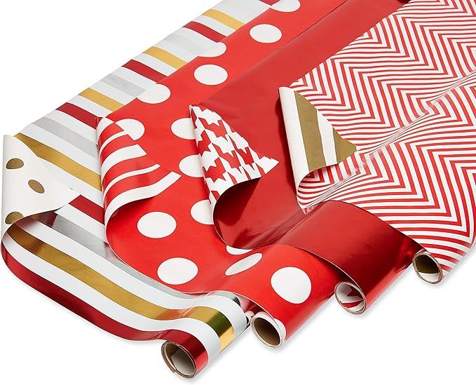 American Greetings Wrapping Paper Rolls for Christmas or Any Occasion, Metallic Gold and Red Holiday Gift Wrap (120 sq. ft., 4 Rolls-30 in. x 12 ft., Reversible) Stripes, Polka Dots, Zig Zags