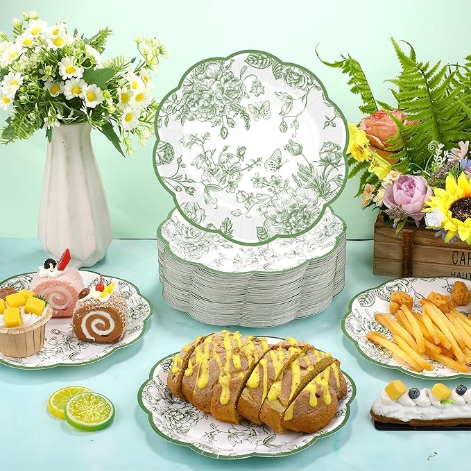 100 Pieces Sage Green Floral Paper Plates 9 Inches Disposable Green Flower Scalloped Plates Vintage Floral Dinner Dessert Decorative Plate for Wedding Baby Shower Birthday Party Supplies