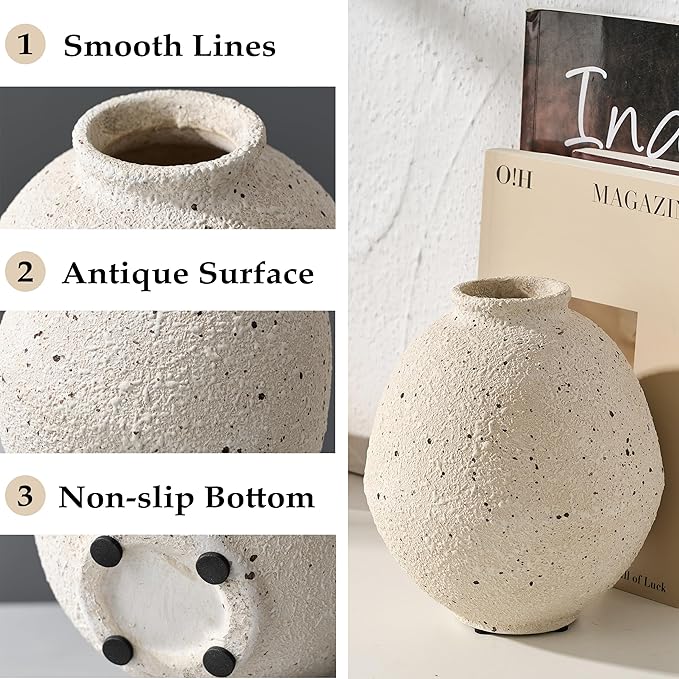 Ceramic Flower Vase, 6.22 Inch Rustic Farmhouse Vase Home Decor, Handcrafted Vintage Pottery Vase, Small Terracotta Vases for Living Room, Table, Shelf, Fireplace, Cream-White