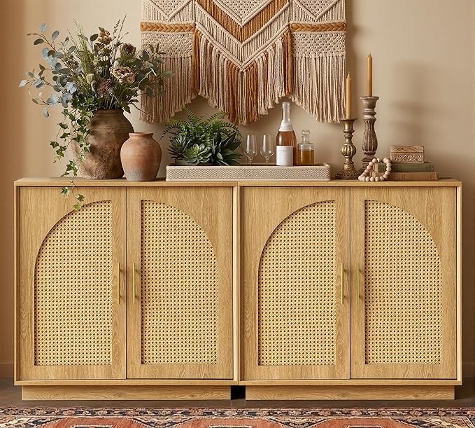 FORTUNETEC Sideboard Buffet Cabinet with Storage Set of 3, Modern Accent Cabinet with Rattan Arched Doors, Modular Media Console, Boho Credenza for Living Room Kitchen Dining Room Entryway, Oak