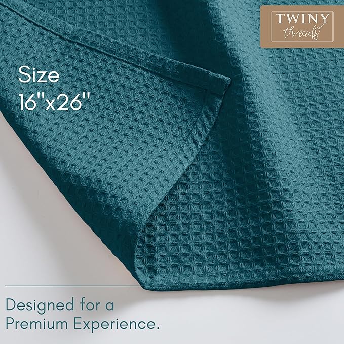 TWINY threads Kitchen Towels Set of 12, 16x26 Inches, 100% Cotton Waffle Weave Dish Towels, Soft and Absorbent Tea Towels with Hanging Loop, Washable Reusable Cloths for Cleaning, Teal Green