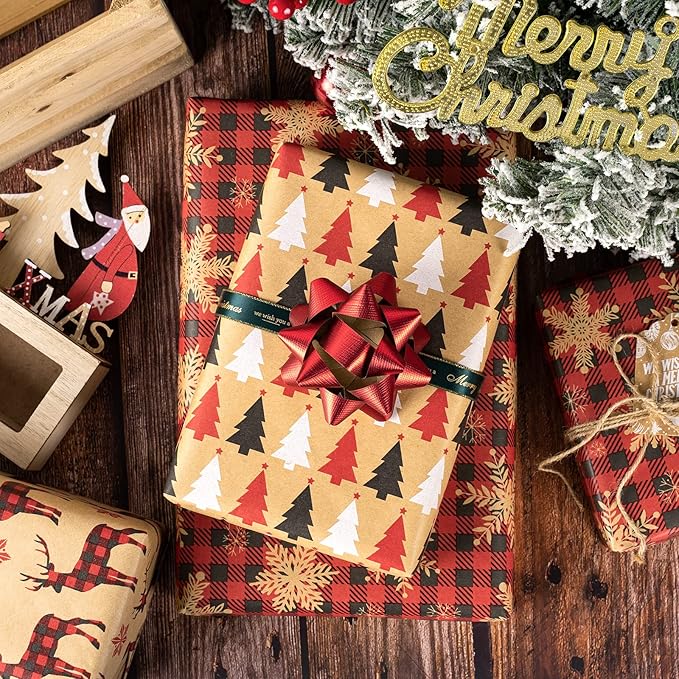 MAYPLUSS Kraft Christmas Wrapping Paper Roll - Mini Roll - 17 inch X 120 inch Per roll - 3 Different Red Reindeer & Snowflakes Design (42.3 sq.ft.ttl)