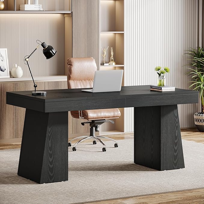 Tribesigns 55 Inches Executive Desk, Mid-Century Modern Home Office Desk, Wood Computer Desk Business Workstation Desk Small Conference Table, Black