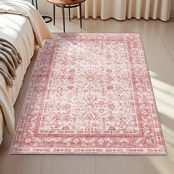 OPPODREAM Vintage Pink Area Rugs 3x5, 3 x 5 Retro Washable Rug Non Slip, Low-Pile Faux Wool Carpet, Distressed Floor Mat for Living Room, Bedroom, Kitchen, Office, Dorm, Dinning Room
