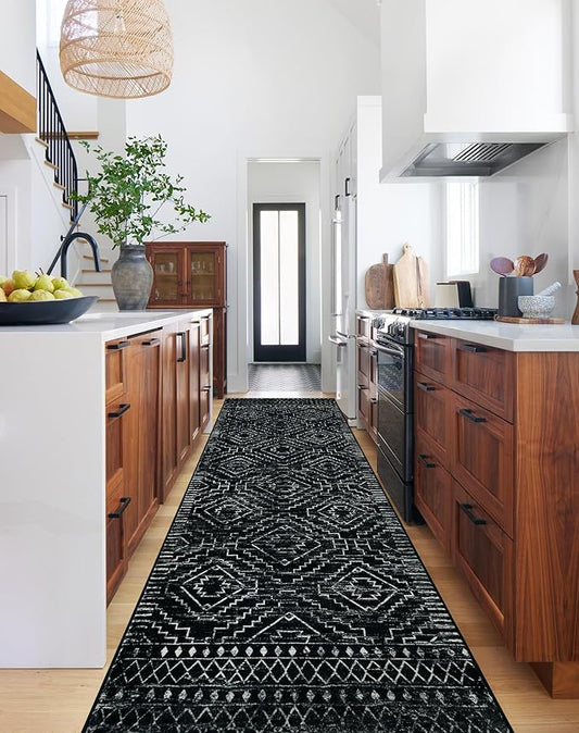 Wonnitar Washable Runner Rugs for Hallway 2'6"x10', Moroccan Non-Slip Black Long Kitchen Runner, Low Pile Boho Soft Carpet Runner for Entrance Living Room Entryway Bedroom (Black,2'6"x10')