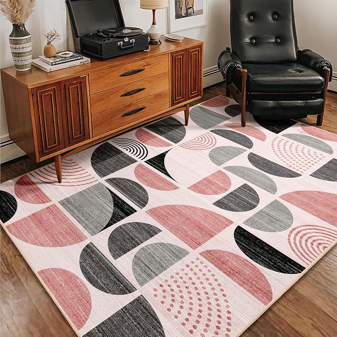 MUJOO Pink Rug Boho Washable,4x6.5 Area Rugs for Bedroom Entryway Living Room Bedside,Small Throw Floor Carpet Non Slip Soft Indoor Modern Abstract Pink and Grey