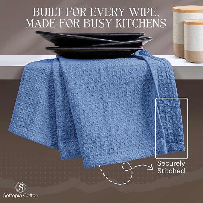 Sky Blue Kitchen Dish Towels Set of 12-100% Cotton Waffle Weave, Super Absorbent, Soft, Quick Drying, 16x26 Inches, Ideal for Cleaning, Bar, Tea, and Everyday Use, Light Blue