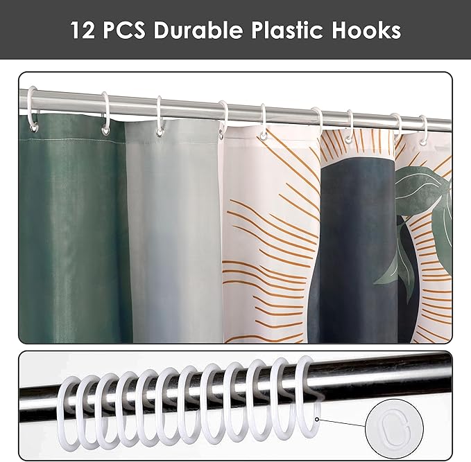Mid Century Abstract Boho Aesthetic Shower Curtain Set, Gray Nature Leaf Sun Modern Minimalist Home Bathroom Curtain Decor with 12 Hooks 84 Inch Wide * 72 Inch High Grey
