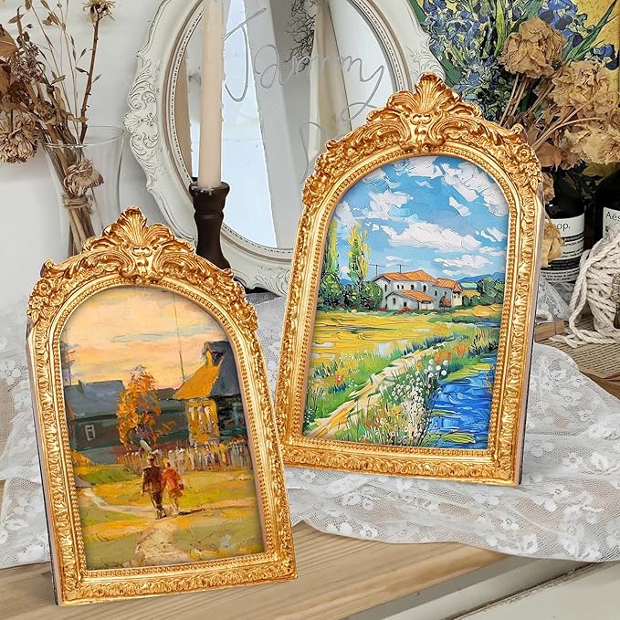Vintage 4x6 Picture Frame, Gold Arch Resin Picture Frames Retro Handmade, Ornate Photo Frames with Glass Front for Wall Hanging or Tabletop Display, Antique Arched Photo Frame for Home Decor