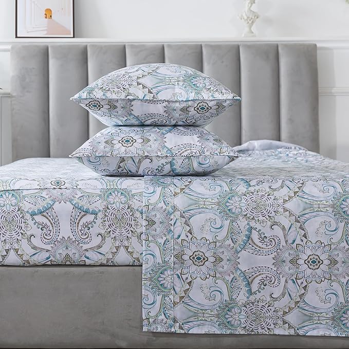 FADFAY Blue Paisley Sheets Set Cal King Boho Paisley Bedding Bohemian Damask Paisley Bed Sheet Breathable 100% Egyptian Cotton 800 Thread Count Deep Pocket Fitted Sheet 4Pcs, California King Size