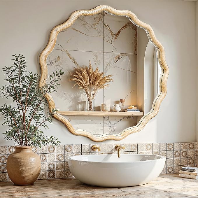 Circle Wood Mirrors for Wall, Wavy Round Bathroom Scalloped Mirror Wooden Frame 28 Inch for Living Room Farmhouse Bedroom Hallway Entryway Living Room with Shatterproof Glass Wall Mounted