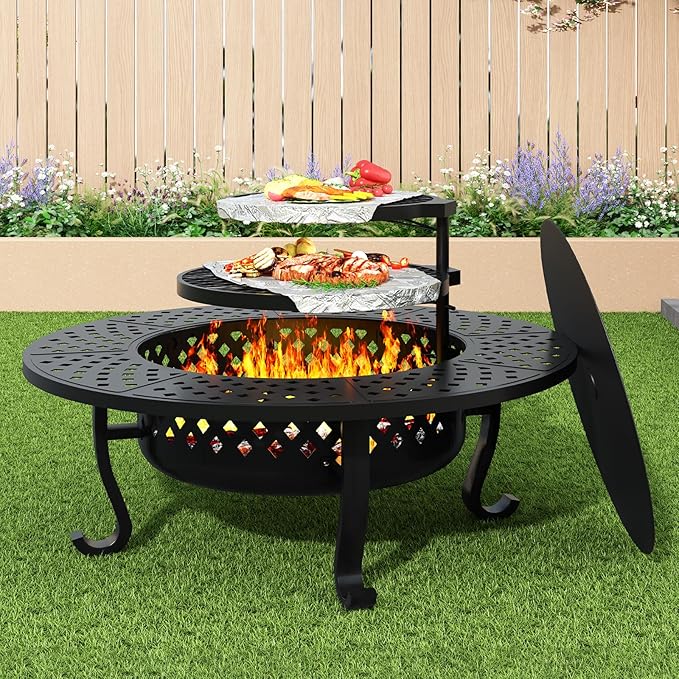 ZIENLIFE 43 Inch Fire Pit with 2 Grill, Outdoor Wood Burning Firepit with Lid, Metal Round Table for Backyard Patio Garden Picnic Camping Bonfire