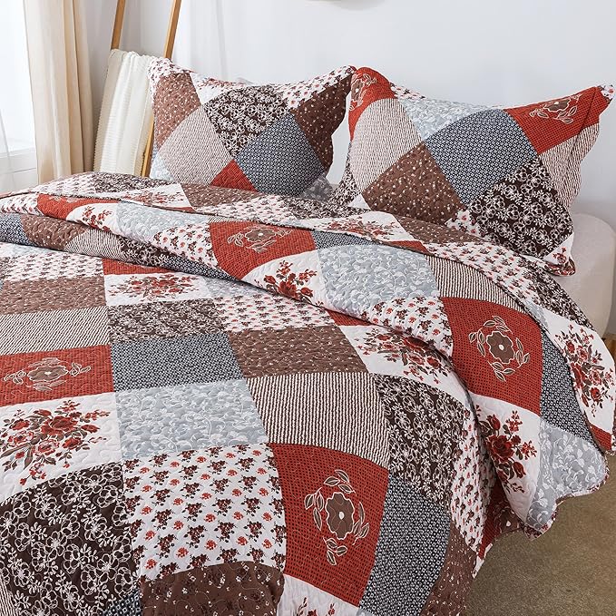 HoneiLife Quilt Set King Size - 3 Piece Microfiber Bedspread Reversible Coverlet Patchwork Bedding Set Lightweight Bedcover Floral Bedspreads All Season Quilts-Amaranth Red