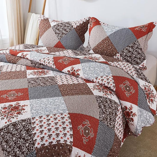 HoneiLife Quilt Set King Size - 3 Piece Microfiber Bedspread Reversible Coverlet Patchwork Bedding Set Lightweight Bedcover Floral Bedspreads All Season Quilts-Amaranth Red
