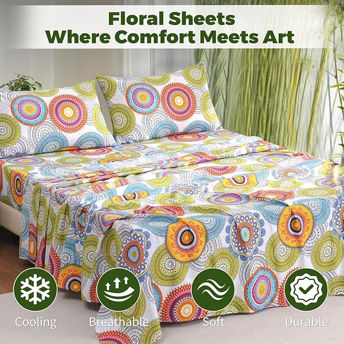 Bedlifes Extra Deep Pocket 18-24" King 4-Piece Sheet Set - Cooling Sheets Blend Rayon Derived from Bamboo Soft & Breathable,Featuring Mandala Patterned