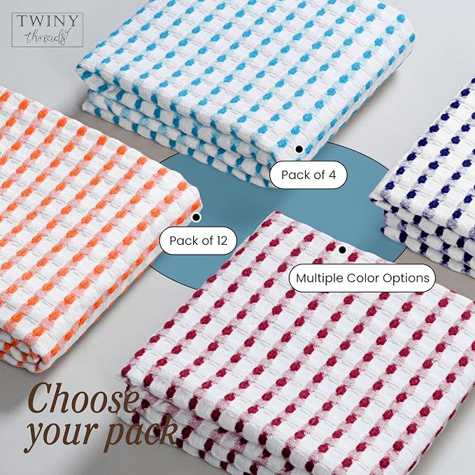TWINY threads Multi Colors White Waffle Towels 4 Pack, 16x26 Inches Absorbent Waffle Weave Kitchen Dish Cloth Set, Durable & Machine Washable Tea Towel, Turquiose Blue, Orange, Burgundy, Indigo Blue