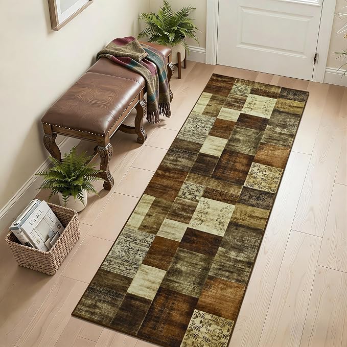 Tepook Modern Runner Rug for Living Room, 2x6 Washable Rugs for Bedroom Hallway, Geometric Patchwork Runner Rug Non-Slip Indoor Throw Carpet for Entryway Kitchen Office Home Decor, Brown