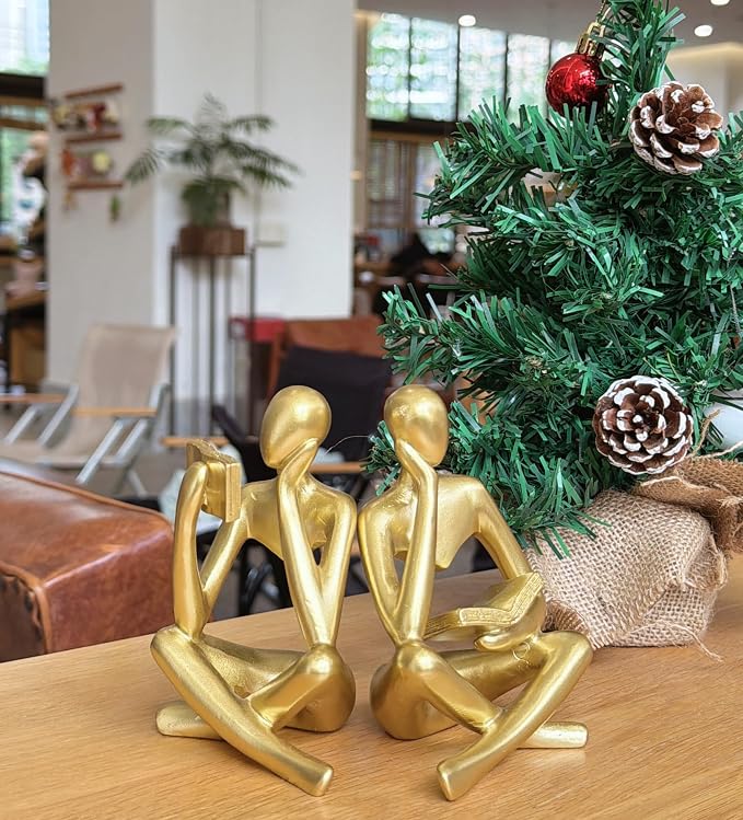 Prettidecor Thinker Statue Set of 2, Abstract Art Reading Sculpture Figurine, Modern Aesthetic Home Decoration for Living Room Bedroom Office Shelves Coffee Table Desk Bookshelf Decor (Gold)