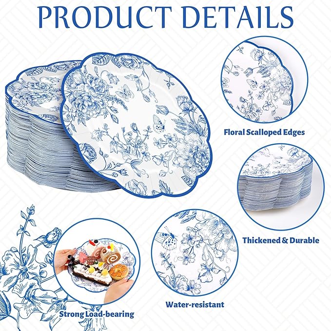 100 Pieces Blue Floral Paper Plates 9 Inches Disposable Blue and White Flower Scalloped Plates Vintage Floral Dinner Dessert Decorative Plate for Wedding Baby Shower Birthday Party Supplies