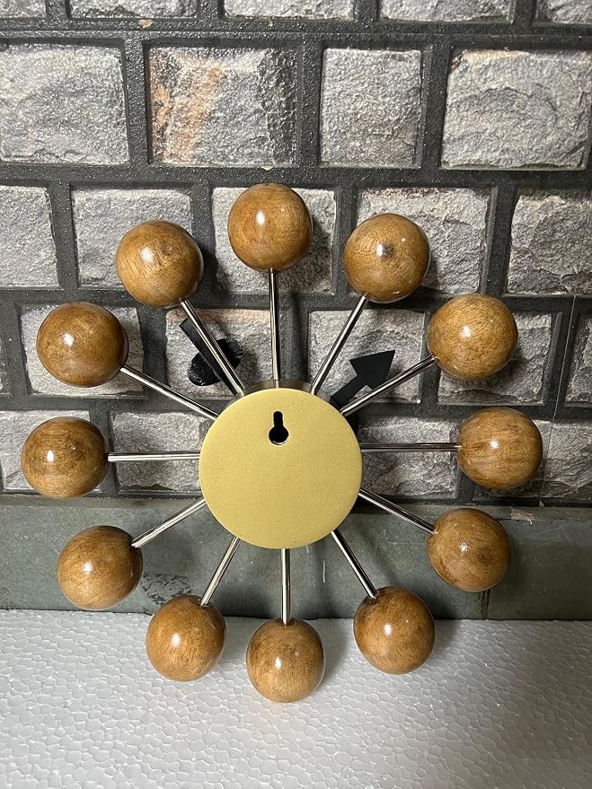 Mid Century Modern Ball Clock – George Nelson Style Wooden Wall Clock, Retro Starburst Design, Silent Non-Ticking Decorative Wall Decor for Living Room, Office, Kitchen & Home (Natural Brown, 12 Inch)
