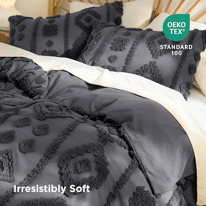 Bedsure Boho Duvet Cover King - Dark Grey Tufted Boho Bedding, Farmhouse Shabby Chic Embroidery Bedding for All Seasons, 3 Pieces, 1 Soft Jacquard King Comforter Cover and 2 Pillow Shams