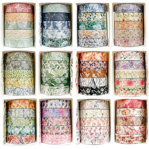 YUBX Flowers Washi Tape Set 60 Rolls Floral Patterns Decorative Skinny Blooms Masking Tapes for Arts, DIY Crafts, Journals, Planners, Scrapbook, Wrapping (Spring)