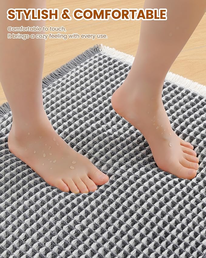 Smiry Waffle Bath Mat 24x16, Extra Soft Absorbent Bathroom Rugs, Non Slip Machine Washable Quick Dry Bath Rugs for Bathroom Floor, Tub, Shower, Home Decor Accessories, Darkgrey & Cream