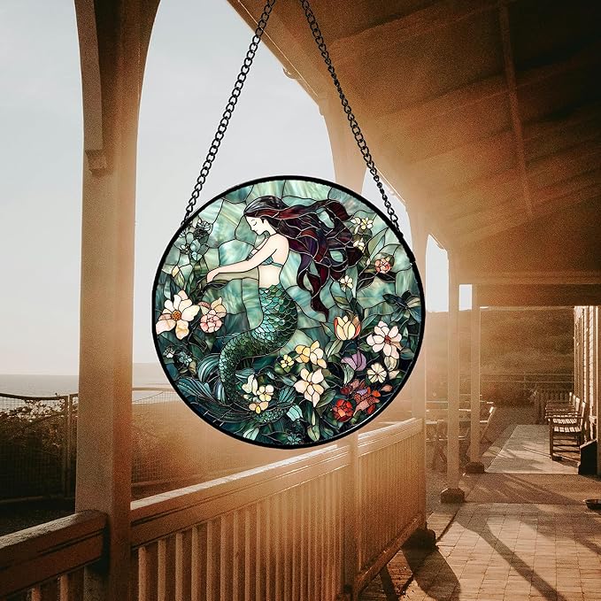 Stained Glass Window Hanging - Teal Sleeping Mermaid Suncatcher for Door Terrace Garden Home Decor, Sea of Flowers Sun Catcher Birthday Gifts for Lovers Women Men Dad Mom Nana 15 in