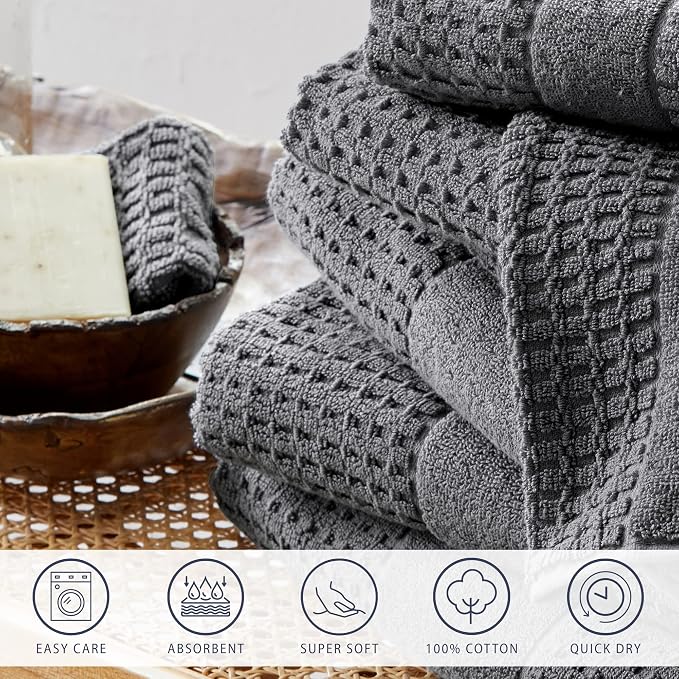 Market & Place 100% Cotton Super Soft Luxury Towel Set | Quick-Dry and Highly Absorbent | Waffle Textured | 550 GSM | 2 Bath Towels, 2 Hand Towels, & 2 Washcloths | Harper Collection (Dark Grey)